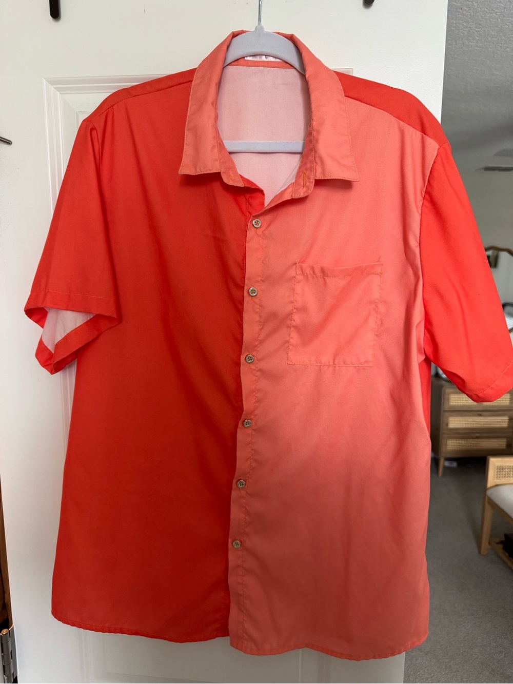 Men's Short-Sleeve Orange Color Blocked Button-Up Shirt